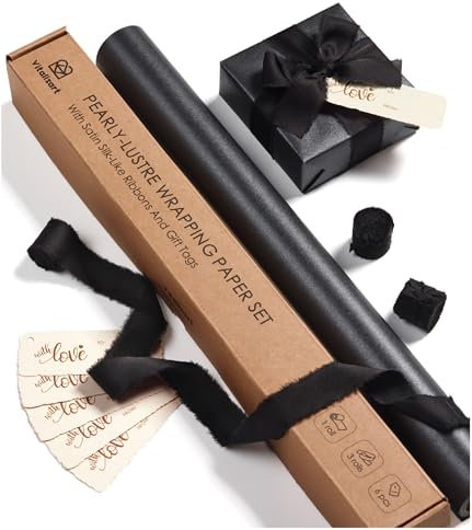 Vitalizart 43cm*5m Schwarzes Geschenkpapier Set, Perlglanz mit Schwarzes Geschenkband & Geschenkanhänger Recycelbar, Geschenkpapierrolle für Weihnachten Geburtstag Hochzeit Geschenk & Handarbeit