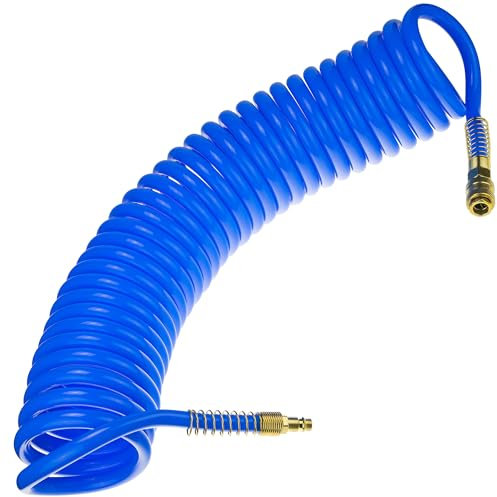 Druckluft Spiralschlauch SP-PU 10 m, Druckluftschlauch 10/14mm aus PU, max. Druck 10 Bar, mit Knickschutz und Schnellkupplung, geeignet für pneumatische Werkzeuge
