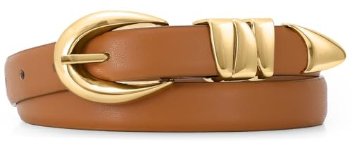 JasGood Damen Ledergürtel Mode Goldschnalle Schmaler Gürtel Damen für Jeans Hosen Kleider Damengürtel,Braun,100cm