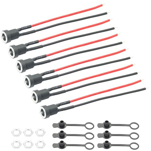 6 Stück DC 5,5 x 2,1 mm Power Female Jack Buchse, DC 5521 Female Panel Mount Connector Adapter mit Mutter und wasserdichter Abdeckkappe, 9CM 20AWG Pre Soldered Wires DIY Kabel