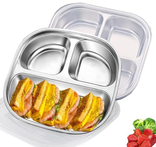 Lot de 2 plateaux divisés en acier inoxydable avec couvercles, assiette en métal à 3 sections, plateau de service compact, plats de dîner, collations, campeurs, pique-nique et contrôle des portions