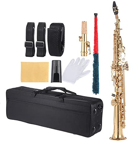 ACAGALA Messing Gerades Sopransaxophon Bb B Holzblasinstrument mit naturfarbener Gehäusestruktur und Schlüsselgravur-Muster inkl. Tragekoffer, Handschuhe, Reinigungstuch