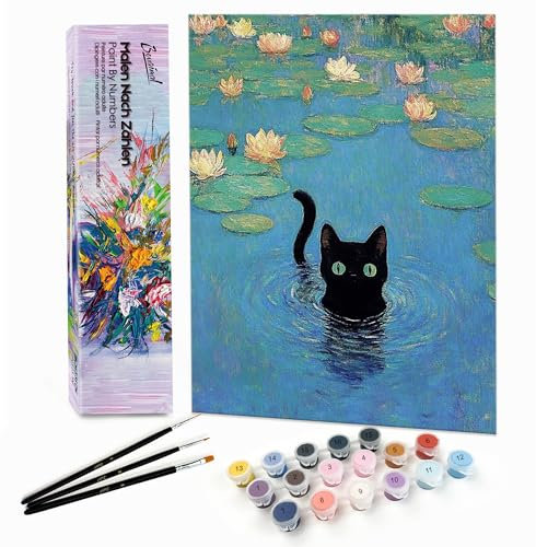 Bougimal Peinture par Numéro Adulte Animaux, Peinture Numérotée avec Pinceaux et Acryliques Bricolage Kits, pour la Décoration Intérieure maison, Chat noir dans le lac, 28x35cm(Sans Cadre)