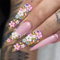 Shimmerz 24 Piece Long Adhesive Nails Stiletto Pink False Nails with Rhinestones and Floral Patterns Gloss Stickers Acrylic Nails Full Coverage Luxurious Sparkle
