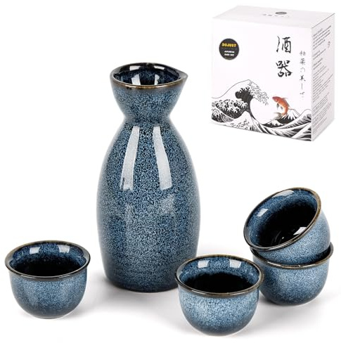 DUJUST Set de saké japonais (5 pièces), Set de saké en porcelaine à émail transformé au four, 1 bouteille, 4 tasses et 1 boîte-cadeau, Carafe chaude, Set de cadeau japonais spécial - bleu