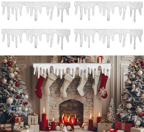 Junhui 4 Stück Weihnachten Künstliche Schnee, Kamin Kunstschnee Matte, Weihnachten Gefälschte Schnee Decke, Eiszapfen Schneedecke Deko für Weihnachtsdekorationen Dorf Dekoration