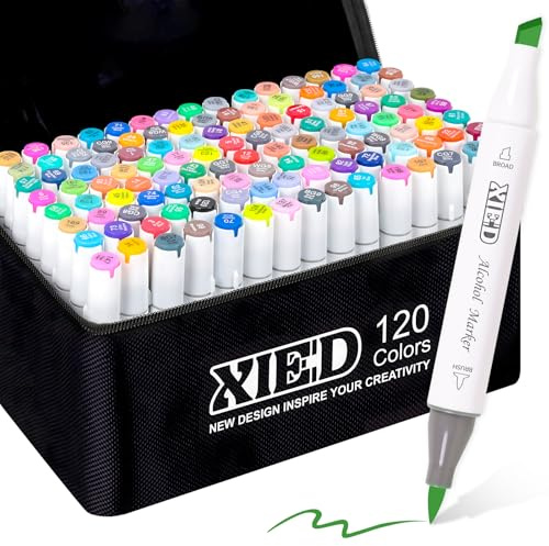 XIEED Dual Tip Alcohol Markers Set, 120 Colors Chisel & Brush Tip Alcohol-Based Art Markers for Adults & Artists in Coloring & Drawing