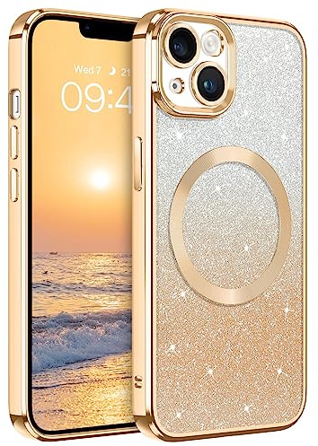 DUEDUE Glitzer Hülle für iPhone 14 6,1'', kompatibel mit MagSafe, Glitzer Handyhülle mit Kameraschutz, Magnetische Stoßfeste Schutzhülle Soft TPU für iPhone 14 Case, Gold
