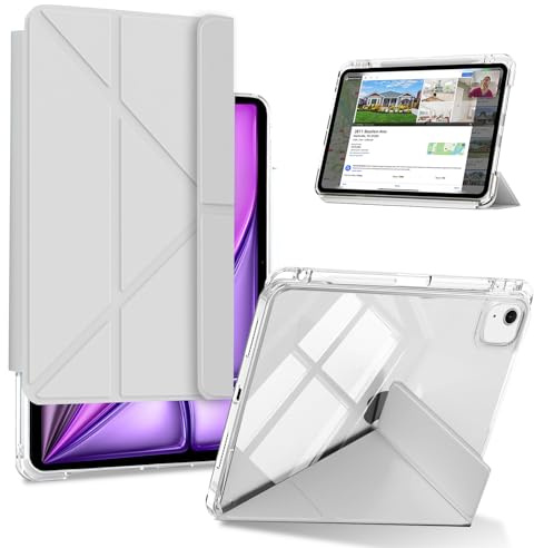 KeeFos Coque pour iPad Air M4/M3/M2 (13 Pouces, 2026/2025/2024) / iPad Pro M2/M1 (6e/5e/4e, 12,9 Pouces, 2022/2021/2020), Arrière Translucide, Détachable Étui de Protéger, Rangement de Pencil - Gris