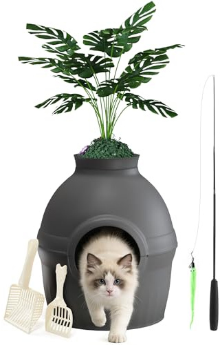 Mondeer Katzenklo Blumentopf mit Pflanze & 2 Schaufeln, Versteckte Katzentoilette XXL mit verstellbares Katzenspielzeug, für Wohnzimmer Schlafzimmer Ecke, Schwarz