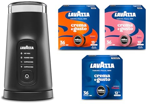 Lavazza, MilkEasy Plus Montalatte Elettrico e Capsule Caffè Lavazza A Modo Mio Gusti Assortiti, 36 x Crema e Gusto Classico, 36 x Dolce, 36 x Forte