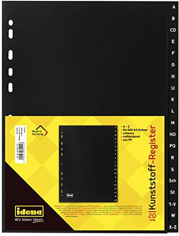 Idena 302022 - Register A - Z, für DIN A4, aus Kunststoff, 20-teilig, volldeckend, schwarz, 1 Stück