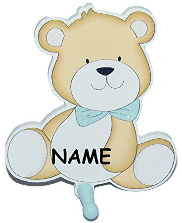 alles-meine.de GmbH Garderobenhaken incl. Namen - Teddybär - süßer Bär - aus Holz - blau mit 1 Haken - Baby Kinderzimmer Garderobe Kleiderhaken Wandhaken/Badezimmerhaken - H..