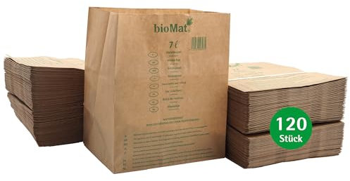 bioMat Kompostierbare 7l Biomülltüten aus Papier, 120 Biomüllbeutel aus Kraftpapier, Nassfest, Doppelter Boden, Made in Germany
