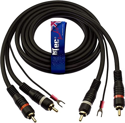 1STec 5m Vinyl Player Cable with Twin Red & White Moulded RCA Plugs Dedicated Earth Wire Shielded OFC Conductors stops Hum Humming Buzz Buzzing Feedback Noise from your HiFi speakers (5 Metre)