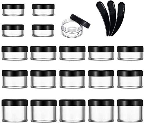 20 Pcs Empty Cosmetics Container Pots Travel Plastic Jars with Black Screw Lids for Cream, Sample, Powder, Makeup Storage (5, 10, 15, 20 Gram), Includes 3 Pack Mini Spatula by Yalbdopo
