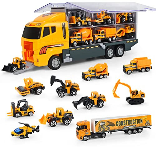 Joyfia 11 in 1 Druckguss Baufahrzeug LKW Autos Spielzeug Set, Bagger Spielzeug Konstruktionsfahrzeuge Autotransporter im Träger-LKW für 3+ Jahre alte Jungen Mädchen Kinder