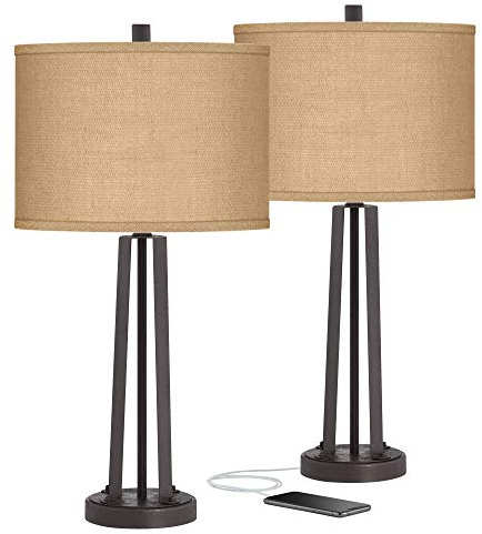 Possini Euro Design Modern Table Lamps 25 1/2 Tall Set of 2 with USB Charging Port Dark Bronze Metal Woven Burlap Drum Shade for Bedroom Living Room House Desk Bedside Nightstand Office Family