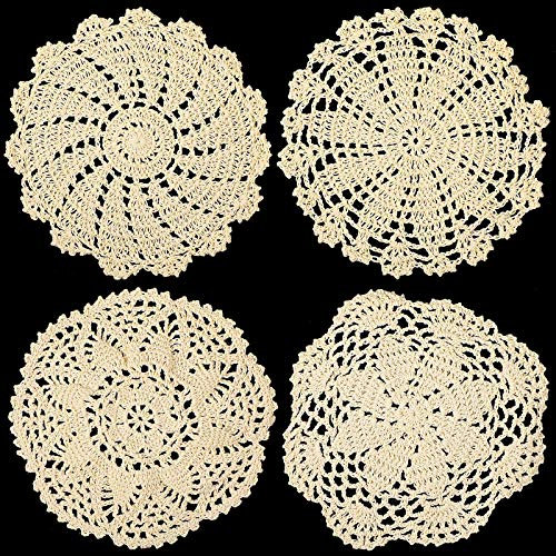 4 Stücke Baumwolle Spitze Deckchen Häkeln Rund Spitze Tischset Handgemacht Spitze Untersetzer Vintage Häkeln Deckchen für Küche Esszimmer Party Hochzeit Geschirr Traumfänger 7 Zoll (Beige)