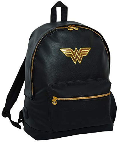 DC Comics Wonder Woman - Zaino per adulti e bambini, formato A4, in ecopelle, con porta USB, colore: nero, Nero , Taglia unica