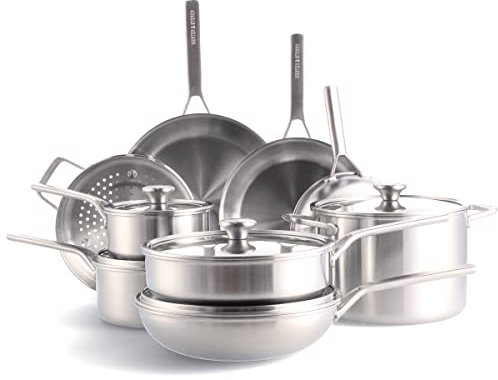 Merten & Storck Tri-Ply Edelstahl Kochgeschirr-Set, 14-teilig Topf- und Pfannenset, Spülmaschinengeeignet, backofenfest, induktionsgeeignet, Silber