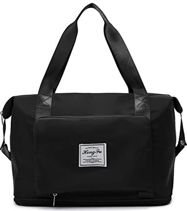 FANDARE Reisetaschen Handgepäck Tasche Faltbare Sporttasche Übernachtung Tote Handtasche Damen Herren Weekender Tasche Kliniktasche Schwimmtasche Trainingstasche mit Schuhfach Schwarz