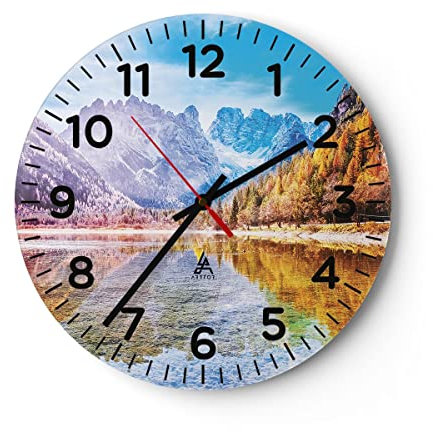 Modern Wanduhr Herbst Landschaft Berge 30x30cm Rund Klein Wand Uhr Glas Analog Zimmeruhren Küche Büro Wohnzimmer Glasuhr Wall Clock Dekoration Design Wanddekoration Küchenuhr C4AR30x30-4624