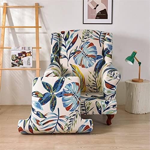 Highdi Ohrensessel Überzug 2-Teilig, Mode Sessel-Überwürfe Ohrensessel Schonbezüge Bezug Universal Sesselhusse Strandmon Tiger Stuhlbezug mit Armlehne Hohe Rückenlehne (beige Tropische Pflanzen)