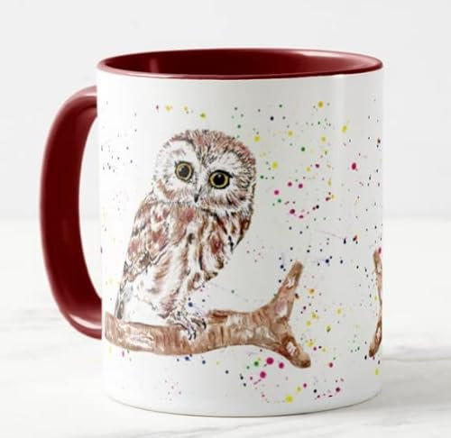 Vixar Owl British Wildlife Hand Painted Design Watercolour Art Coloured Mug Cup Gift Birthday Work Office Christmas Tea Coffee (Maroon)