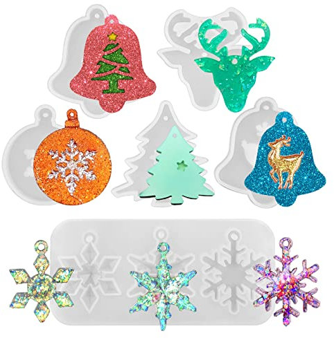 6 Stück Weihnachten Silikonform Epoxidharz Gießform Schneeflocke Weihnachtsbaumschmuck Anhänger mit Löchern, Weihnachtsbaum Ornamente, Weihnachtsdeko Schneeflocke Schmuck DIY Anhänger Gießform