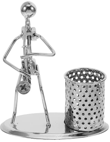 Operitacx Music Man Pen Holder Iron Saxophone Pencil Vase Desktop Organizer Creative Brush Pot for Office Home Student Gift