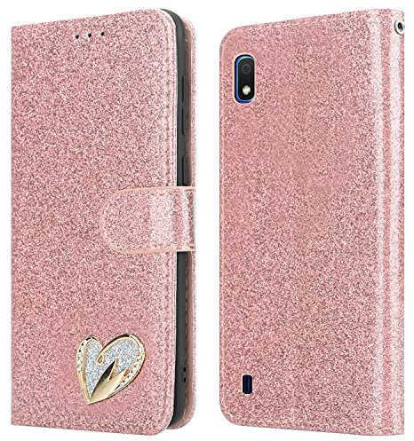 iPEAK Case For Samsung Galaxy A10 Phone Case Shiny Leather Bling Glitter Book Flip Stand Card Wallet Protective Folio Cover for Samsung Galaxy A10 Phone (Rosegold)