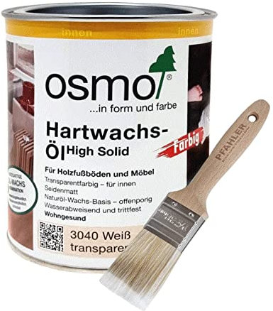 Osmo Hartwachs-Öl Weiß 3040 transparent High Solid Transparentfarbig 0,75l - für innen Seidenmatt + Flächenstreicher Pinsel von Pfahler Gratis