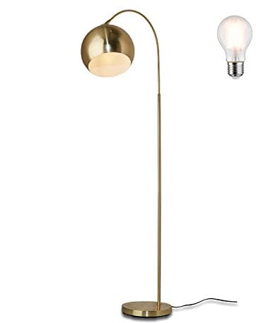 KHG Bogenleuchte in Gold-Optik Finish aus Metall mit schwenkbarem Lampenschirm, E27 Fassung inklusive Leuchtmittel, Bogenlampe mit praktischem Fußschalter und stabilem Standfuß
