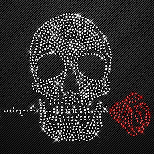 Glitzerdeals Bügelbilder aus Strass Totenkopf mit Rose rot Aufbügler für Textilien Karneval Kostüm Totenkopf Strassmotiv Schädel Skull Glitzer
