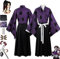 Anime Demon Slayer Kokushibo Cosplay Kimono Outfit mit Perücke, Kimetsu No Yaiba Umhang Tattoo Aufkleber Schlüsselanhänger Komplettset Halloween Weihnachten Party Kleidung,Lila,M