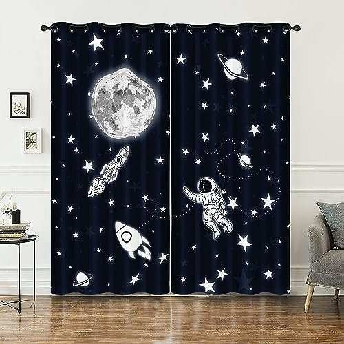 HOSIMA Raketenvorhänge,Ösenvorhänge,Set mit 2 Vorhängen,Raketen-Astronauten-Mond-Aufdruck,Vorhänge für Kinderzimmer und Teenagerzimmer(Raketen-Astronaut XXL)