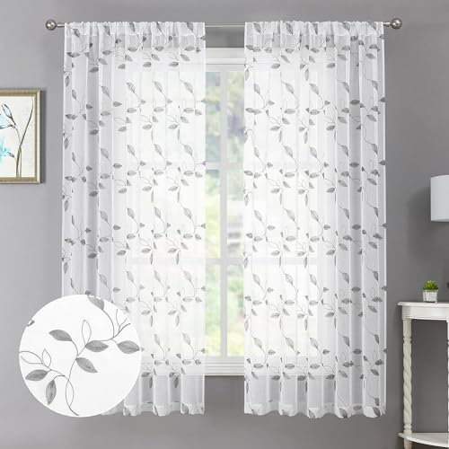 Tollpiz Graue Blättervorhänge mit Blättern bestickt Schlafzimmer kurze Vorhangstange Tasche Voile Fensterbehandlung für Wohnzimmer, 96,5 x 137,2 cm lang, Set mit 2 Paneelen