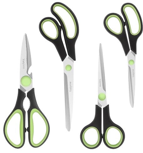 Vutyvve Lot de 4 paires de ciseaux de cuisine, lames en acier inoxydable, manche souple, multifonctionnel, noir/vert