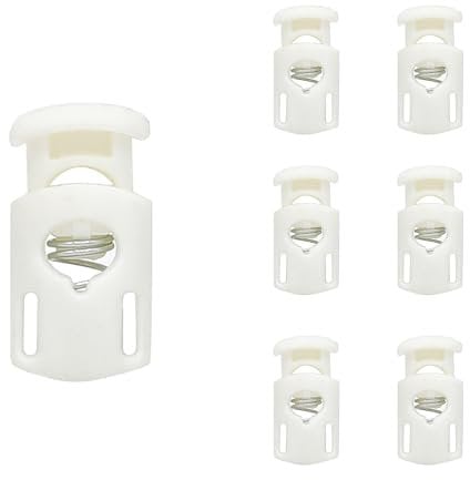 SialPro Single Hole Plastic Spring Cord Locks Toggle Stoppers for Drawstrings Paracord end clip Lanyard Plug Slide Fastener With Spring Loaded Push Button Flate Pyjamas Shoelaces (White 6 Pcs)