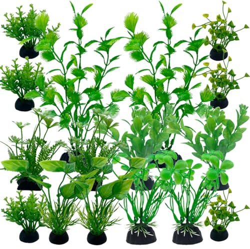 LANCARE Plantas Plásticas para Acuarios, Decoración y Paisajista, Cubierta de Resina para Peces (16pcs Verde A)