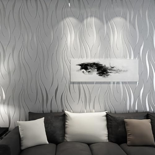 ChicSoleil 3D Tapete 2 Stück 3D-Wellen Geprägte Tapetenrolle,3D Optik Wellentapete,Vliestapete mit Wasserpflanzen-Muster für Wohnzimmer Schlafzimmer Wandtür 0,53 × 10 m (Silber-Grau)