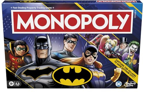 Monopoly Batman Edition Brettspiel, Monopoly-Spiel für Batman-Fans, ab 8 Jahren, 2 bis 4 Spieler, Familienspiele, Strategiespiele für Kinder und Erwachsene (exklusiv bei Amazon)