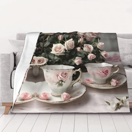 Romantische Flanelldecke, Motiv: Teetassen mit Rosen, luxuriös, flauschig, weiche Decke, Mikrofaser, dick, warm, 101,6 x 76,2 cm