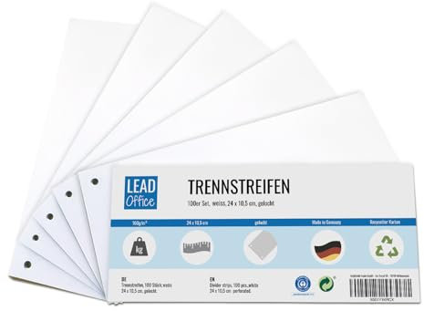 100 Trennstreifen für Ordner A4, Trennblätter aus Recycling-Karton, MADE IN GERMANY, weiß