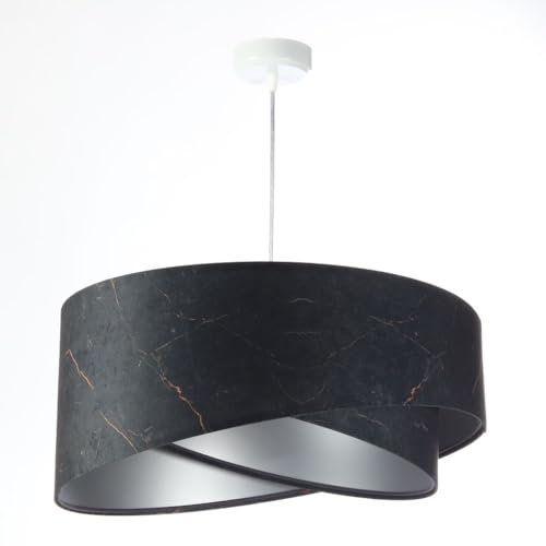 Licht-Erlebnisse Hängeleuchte E27 rund D: 50 cm Schwarz Marmor Effekt Silber Stoff Velours Optik Doppelschirm Modern Pendelleuchte Wohnzimmer Hängelampe Schlafzimmer