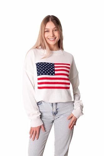 Madore Weißer weicher Oversize-Pullover mit amerikanischer Flagge, 4. Juli 2024, USA-Outfits plus 4, Weiss/opulenter Garten, Groß