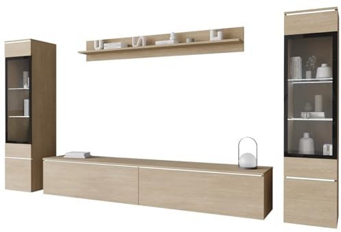 Mirjan24 Wohnwand Doppo II, Schrankwand, griffloses Öffnen, Anbauwand, Fernsehschrank, Mediawand, Wandregal, TV-Lowboard, 2X Hängevitrine (Eiche Gaja, mit weißer LED Beleuchtung)
