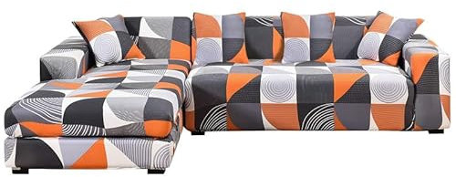 ShowyLive Universal Sofabezug mit Chaiselongue Links/Rechts für L-förmige Polyestersofas Elastischer Sofabezug mit Chaiselongue, 3-Sitzer+4-Sitzer, Orange