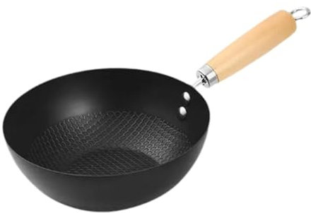 LOVIVER Wok-Bratpfanne, 20 cm, mit Holzgriff, antihaftbeschichteter Topf, chinesischer Wok, Eisenpfanne zum Sautieren, Kochen, Kochen, Universalgas